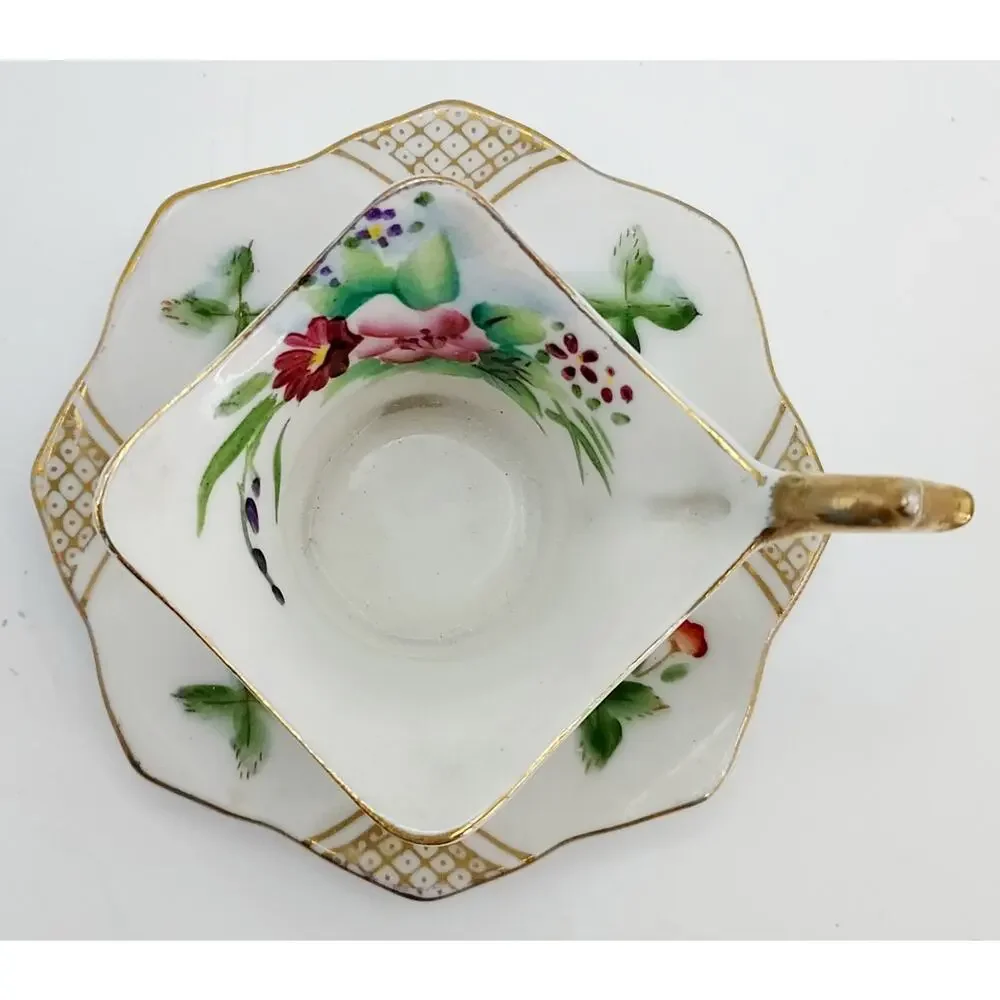VTG Japanese Miniature Demitasse Footed Teacup And Saucer Floral Gold Tone Trim